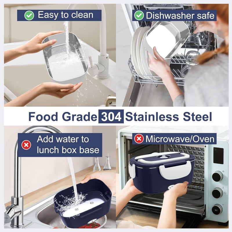 HOLDRUBY Electric Heated Lunch Boxes Adults: 80W Electric Lunch Box Food Heated 12/24/110V 1.5L Heatable Lunch Box for Car/Truck/Office Leak-Proof Stainless Steel Container, Fork & Spoon, Bag (Blue+White) - Image 5